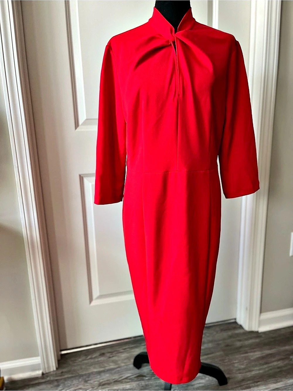Donna Morgan Red Tie Neck Midi Dress Size 14 Like New